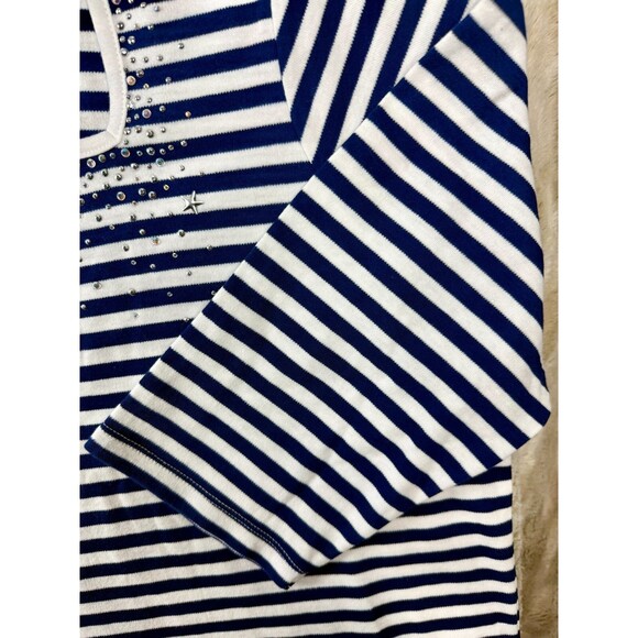 NWT Quacker Factory Blue White Striped Top Size XL Rhinestones 3/4 Sleeve - Picture 11 of 17